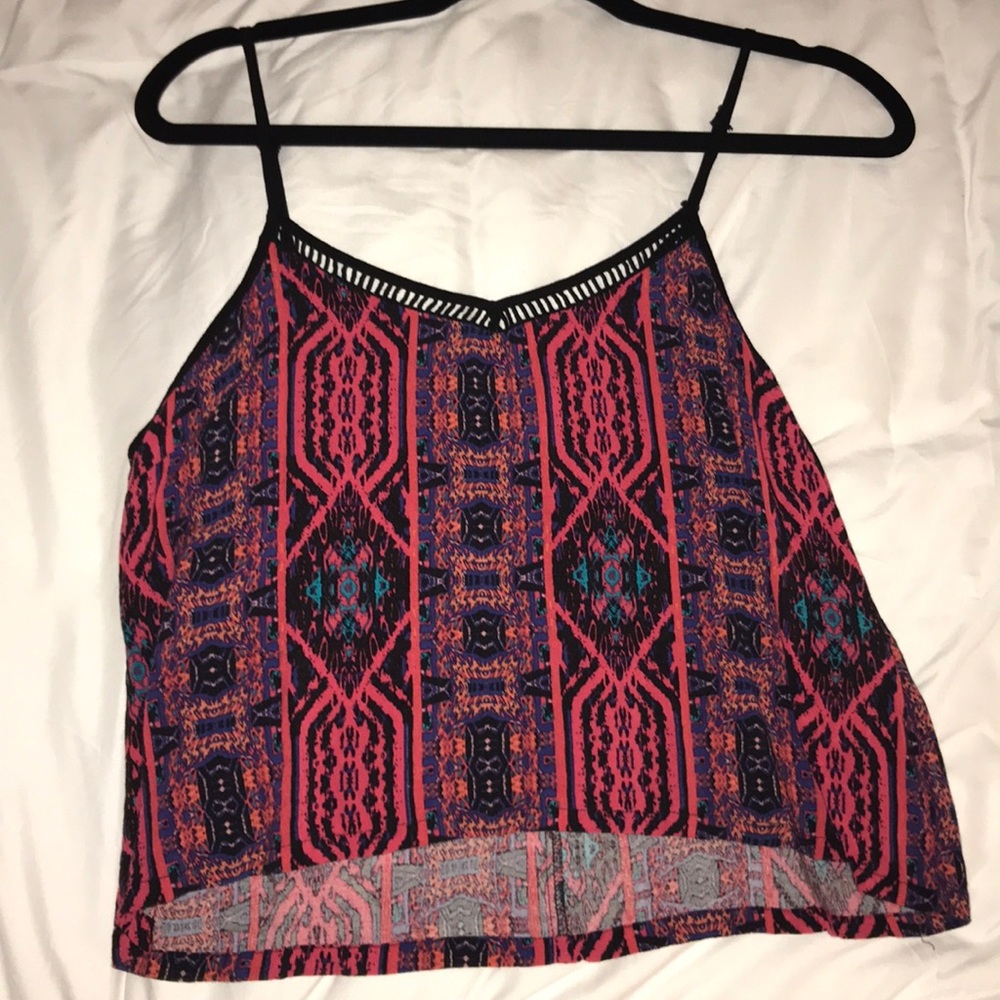 Cropped spaghetti strap tank with Aztec print
